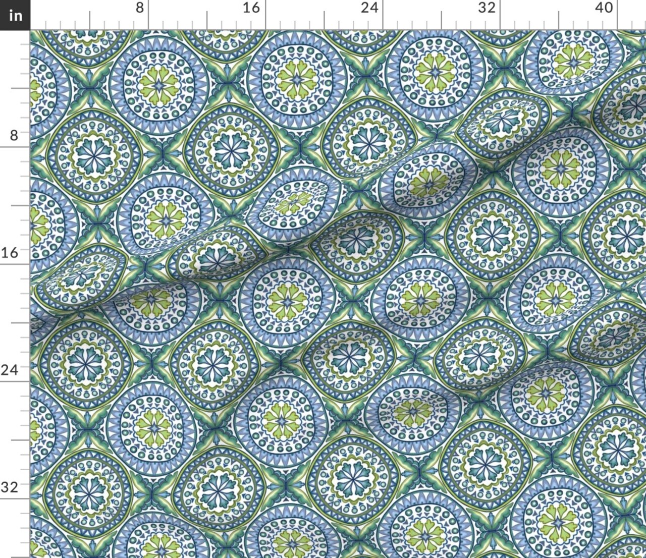 Green Blue Ocean Italian Italy Tile Sicily Sicilian Rosette Mandalas Modern Mosaic Geometric Coastal Large Scale Custom Printed Fabric by Spoonflower Various Fabrics by the Yard or Fat Quarter